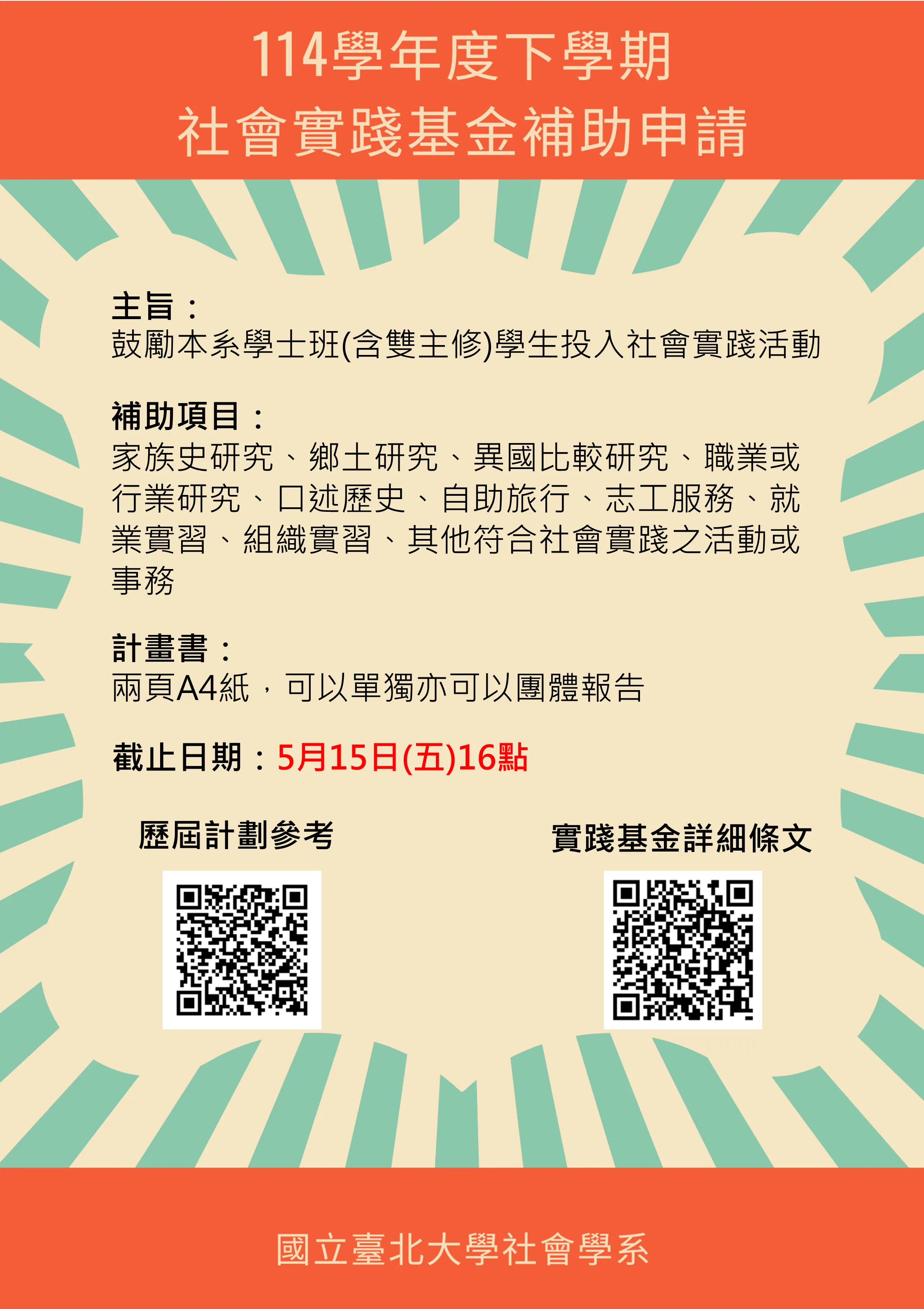 114學年度下學期 社會實踐基金補助申請 主旨: 鼓勵本系學士班(含雙主修)學生投入社會實踐活動 補助項目: 家族史研究、鄉土研究、異國比較研究、職業或 行業研究、口述歷史、自助旅行、志工服務、就 業實習、組織實習、其他符合社會實踐之活動或 事務 計畫書: 兩頁A4紙,可以單獨亦可以團體報告 截止日期:5月15日(五)16點 歷屆計劃參考 實踐基金詳細條文 國立臺北大學社會學系